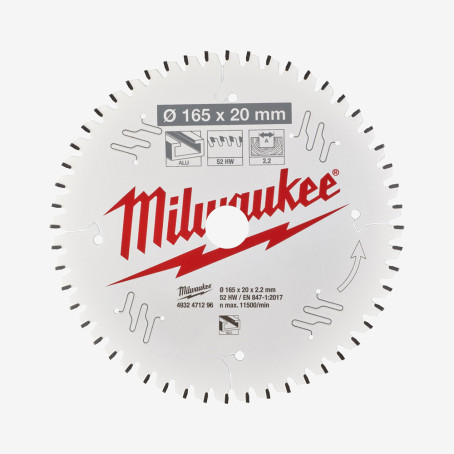 Диск пильный Alu PFTE MILWAUKEE, Ø165х20х2,2мм, 52 зуб.
