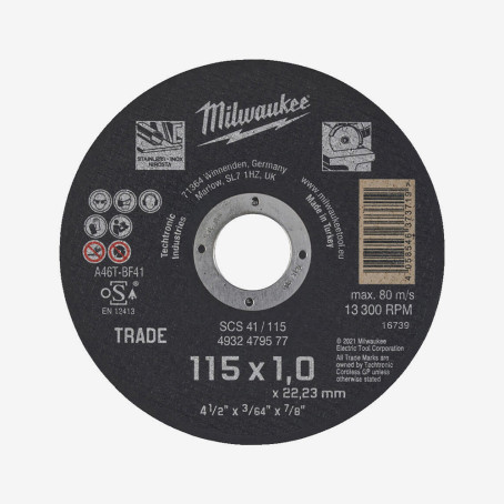 Диск отрезной по металлу MILWAUKEE Trade, SCS 41/115х1, Ø115мм