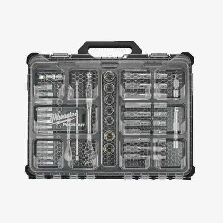 Набор головок хромированных метричных 1/2'', 1/4'' MILWAUKEE, с храповиком, PACKOUT, (63шт)