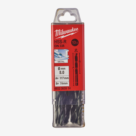 Сверло по металлу HSS-R MILWAUKEE DIN338, Ø8,0мм, (10шт)