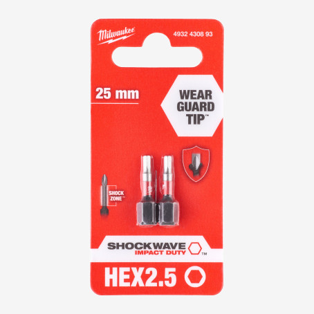 Біта SHOCKWAVE MILWAUKEE, Hex2,5, 25мм, (2шт)