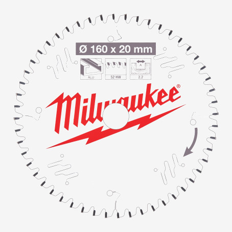 Диск пильный Alu PFTE MILWAUKEE, Ø160х20х2,2мм, 52 зуб.