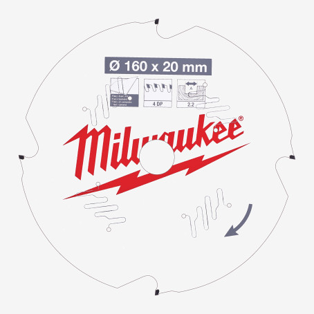 Диск пильный PFTE MILWAUKEE, Ø160х20х2,2мм, 4 зуб., по фиброцементу Диск пильный PFTE MILWAUKEE, Ø160х20х2,2мм, 4 зуб., по фиброцементу