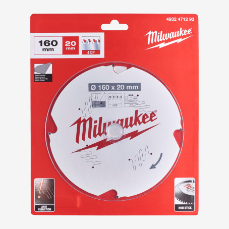 Диск пильный PFTE MILWAUKEE, Ø160х20х2,2мм, 4 зуб., по фиброцементу Диск пильный PFTE MILWAUKEE, Ø160х20х2,2мм, 4 зуб., по фиброцементу