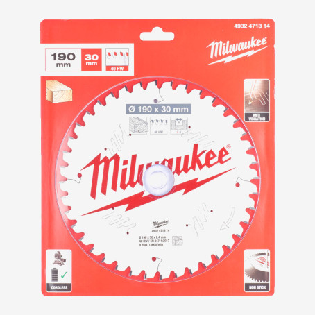 Диск пильный PFTE THIN KERF MILWAUKEE, Ø190х30х2, 4мм, 40 зуб. Диск пильный PFTE THIN KERF MILWAUKEE, Ø190х30х2, 4мм, 40 зуб.