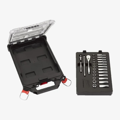 Набор головок хромированих метрических 1/4'' PACKOUT MILWAUKEE, с храповиком, (28шт) Набор головок хромированих метрических 1/4'' PACKOUT MILWAUKEE, с храповиком, (28шт)