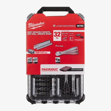 Набор головок хромированих метрических 3/8'' MILWAUKEE с храповиком, PACKOUT, (56шт) Набор головок хромированих метрических 3/8'' MILWAUKEE с храповиком, PACKOUT, (56шт)