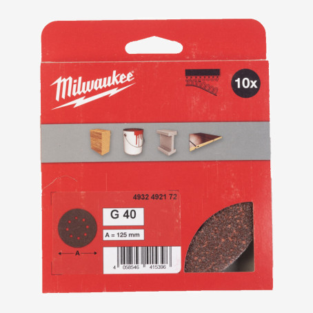 Круг шлифовальный MILWAUKEE 8 отв. H&L, Ø125мм, зерно 40, (10шт)