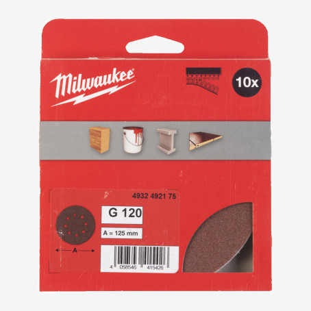 Круг шлифовальный MILWAUKEE 8 отв. H&L, Ø125мм, зерно 120, (10шт) Круг шлифовальный MILWAUKEE 8 отв. H&L, Ø125мм, зерно 120, (10шт)