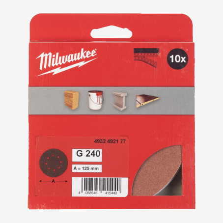 Круг шлифовальный MILWAUKEE 8 отв. H&L, Ø125мм, зерно 240, (10шт) Круг шлифовальный MILWAUKEE 8 отв. H&L, Ø125мм, зерно 240, (10шт)