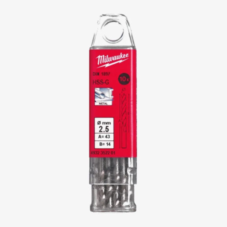 Свердло по металу HSS-G MILWAUKEE DIN1897, 2,5х43х14мм, скорочене, (10шт)