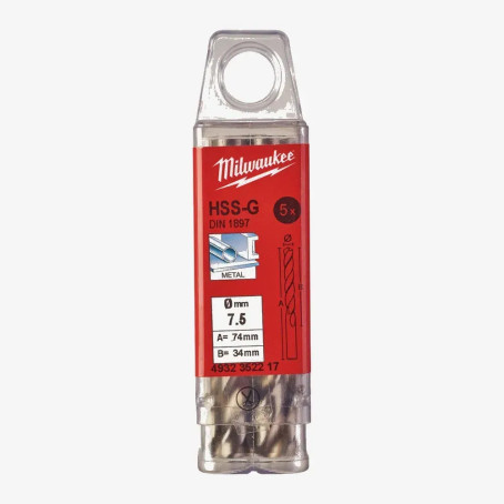 Свердло по металу HSS-G MILWAUKEE DIN1897, 7,5х74х34мм, скорочене, (5шт)